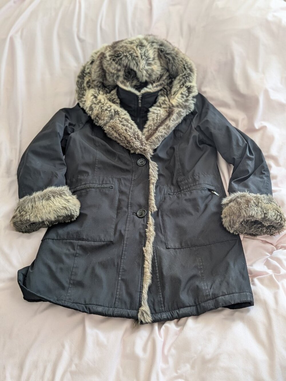 Laura Petites Black Faux Fur Parka Coat P/S